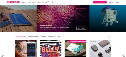 Screenshot of crowdfunding website Indiegogo