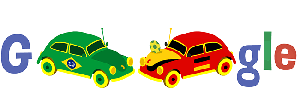 Google Doodle for the semi-final encounter between Brasil and Germany, that ended in the incredible 1:7 defeat of the host. It shows two VW Beetles, one in Brasil colours and one in Germany colours. The two cars pass a ball with their opening bonnets.