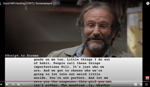 Scene from Good Will Hunting on YouTube channel Screenplayed showing the scene and script at the same time