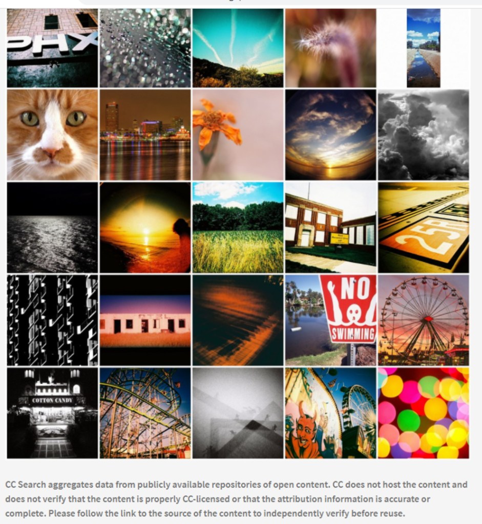 Screenshot of image results on search engine CC Search - August 2020.