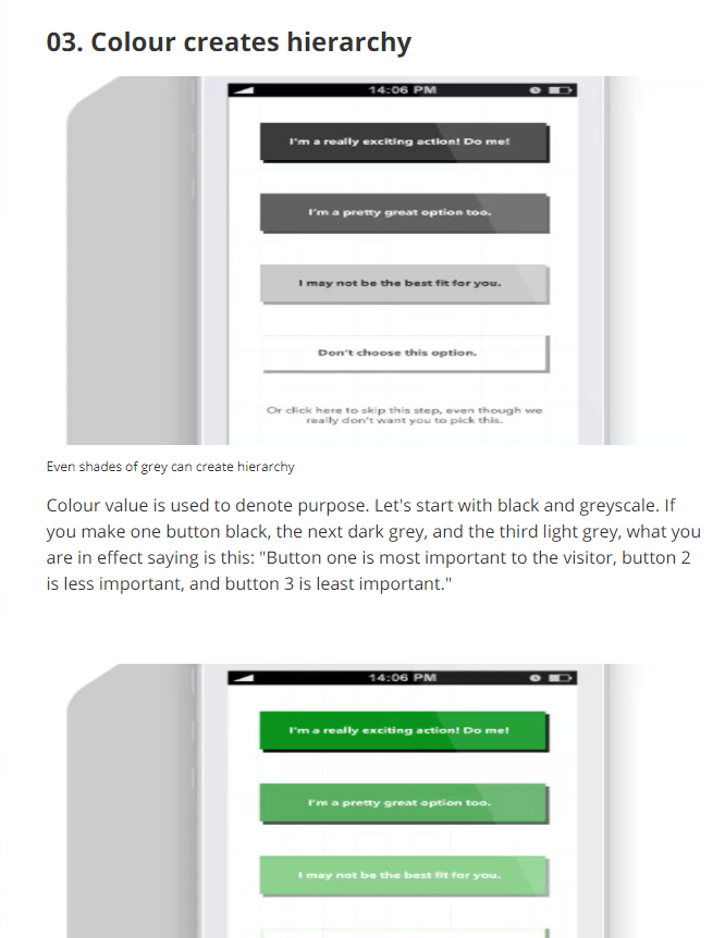 screenshot from a post on CB- Creative Bloq showing two sample interfaces with buttons organised by tone (dark to light) with the title: Colour creates hierarchy.